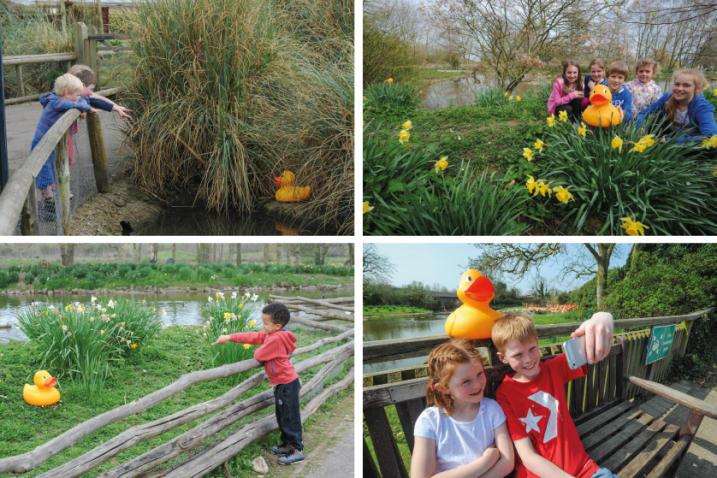 image shows four separate imagery, each has a kid posing with  or pointing at a yellow rubber duck